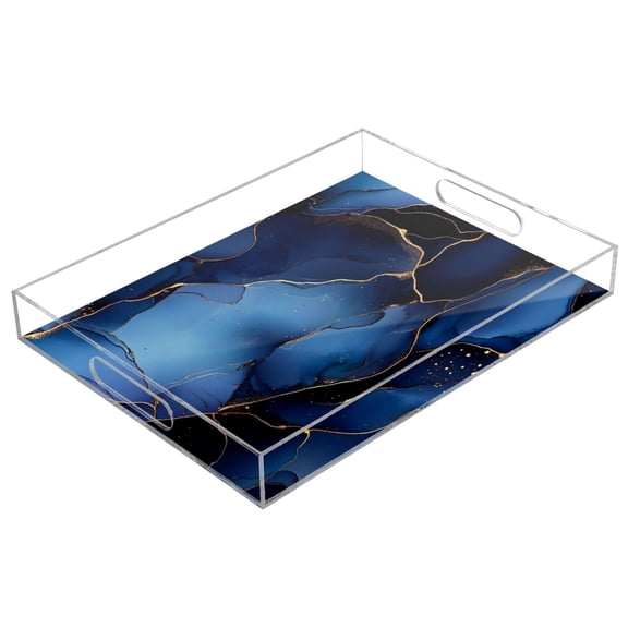 WOBOGO Gilt Navy Blue Marble Acrylic Serving Trays 15.7x11.8 Inch Spill Proof Clear Decorative Organizer with Handle