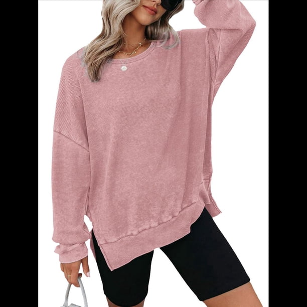 Sudadera de Cuello Redondo de Punto Gofre de Gran Tamaño para Mujer, Sudadera Informal de Larga con Laterales Rosa XXL