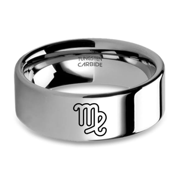 Virgo Maiden Astrology Sign Engraved Silver Tungsten Carbide Ring, 8mm, Size 15