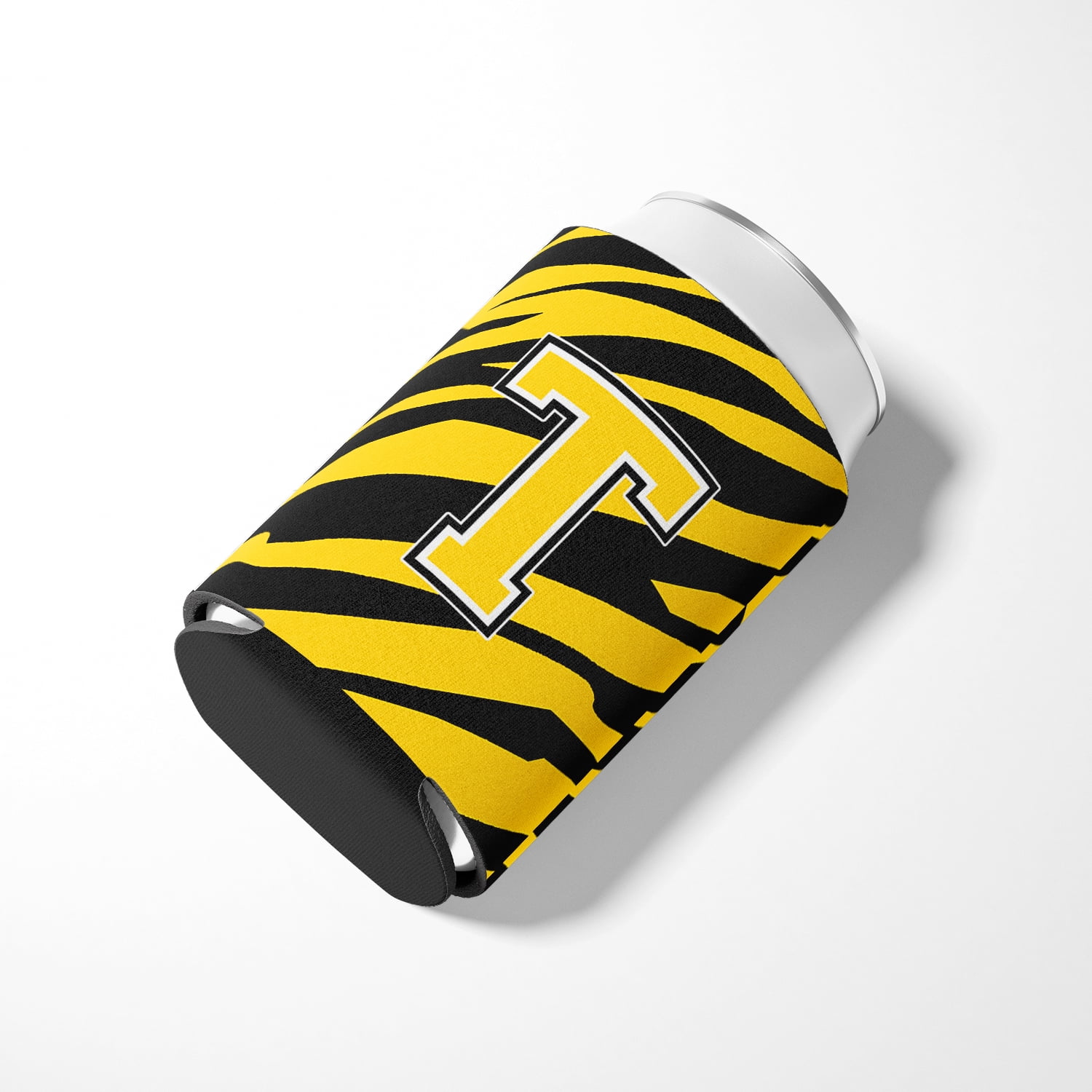 Letter T Initial Tiger Stripe - Black Gold  Can or Bottle Hugger