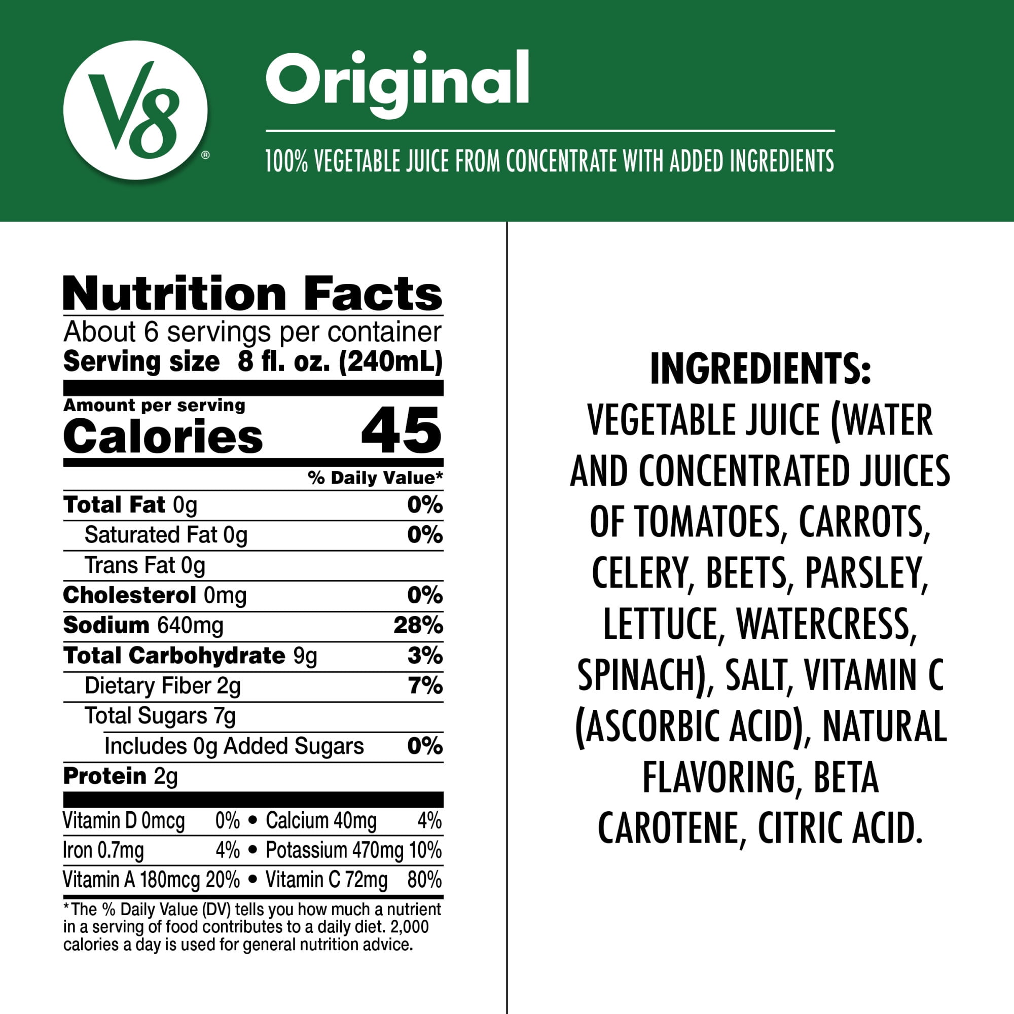 (6 pack) V8 Original 100% Vegetable Juice, 46 fl oz Bottle, 6 Count