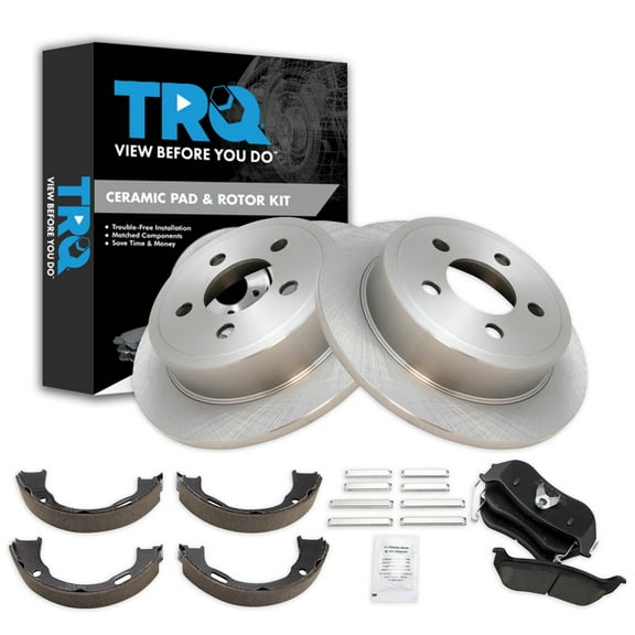 TRQ Rear Brake Pad & Rotor Kit Brake Pads Brake Rotor Parking Brake Shoe Set Ceramic Fits Select 2003-2007 Jeep Liberty 2003-2006 Wrangler