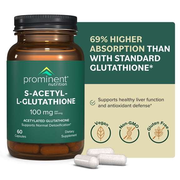Prominent Nutrition S-Acetyl L-Glutathione Supplement - Clinically Researched Emothion Acetylated Glutathione for Normal Liver Detoxification Support & Optimal Antioxidant Effect, 60 Vegan Capsules