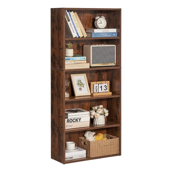 5 Tier Tall Bookcase,53"Freestanding Wood Display Shelf with Adjustable Shelves,Narrow Floor Storage Bookcase for Living Room,Office,Bedroom,Library,Brown