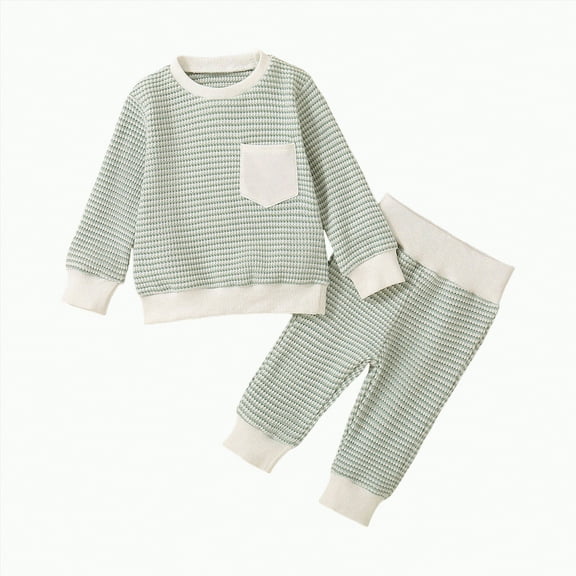 ORT Toddler Baby Boy Fall Winter Clothes 2T 3T 4T 5T Outfits Long Sleeve Knitted Cotton Tops Pants Clothes Set(Green,6-12 M)