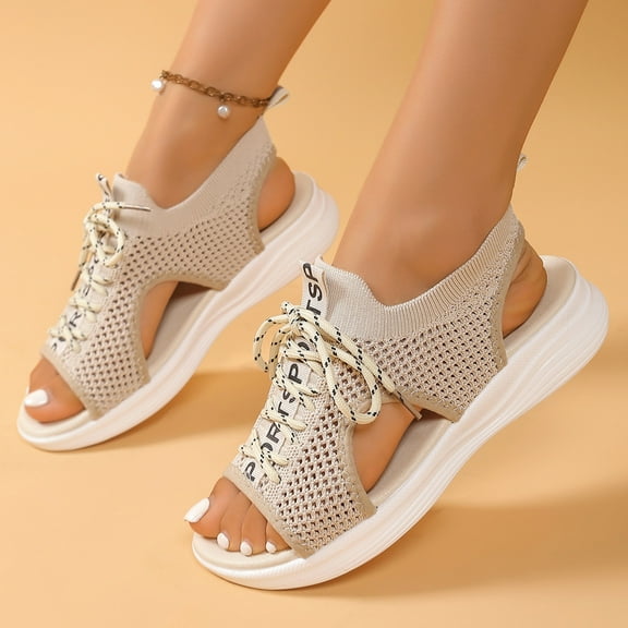 Sandals For Women Wedge Heel Open Toe Elastic Ankle Straps Solid Color High Heel Shoes for Women Casual Outdoor Beach Vacation Holiday Fashion Khaki 38