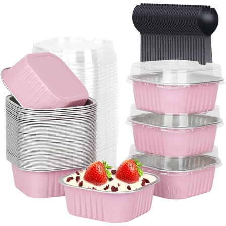 10oz Mini Cake Pans With Lids 40 Pack, Aluminum Foil Square Brownie Baking Cups,Disposable 4”x4” Large Cupcake Pan,Jumbo Muffin Tin Ramekins Holders-Pink