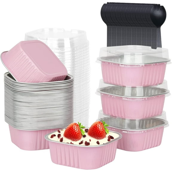 10oz Mini Cake Pans With Lids 40 Pack, Aluminum Foil Square Brownie Baking Cups,Disposable 4”x4” Large Cupcake Pan,Jumbo Muffin Tin Ramekins Holders-Pink