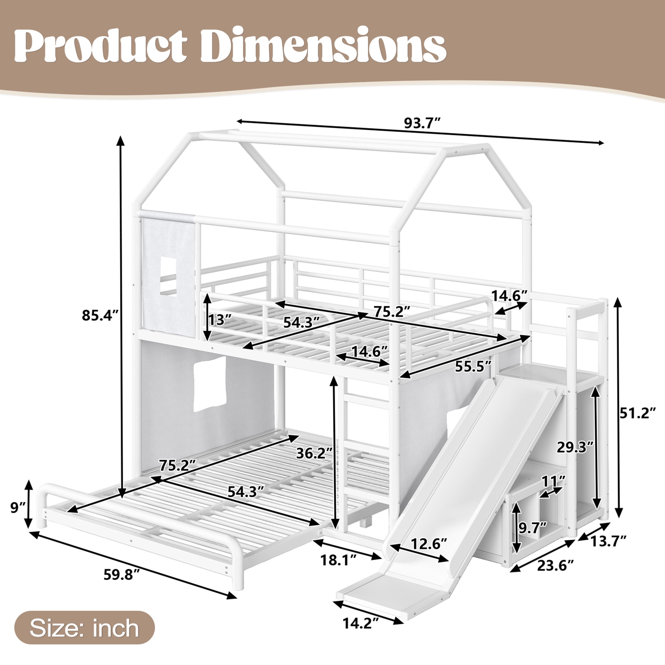 GDF Studio Full over Full Playhouse Bunk Bed with Slide, Ladder, LED Light, Cabinet & Curtain Rod, White