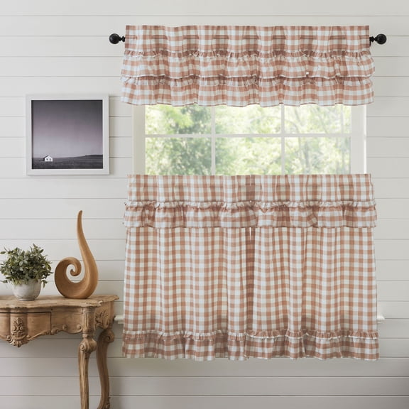 VHC Brands Annie Buffalo Check 3 PC Portabella Ruffled Curtain Set (1 Valance 16x72 and 2 Tier 36x36)