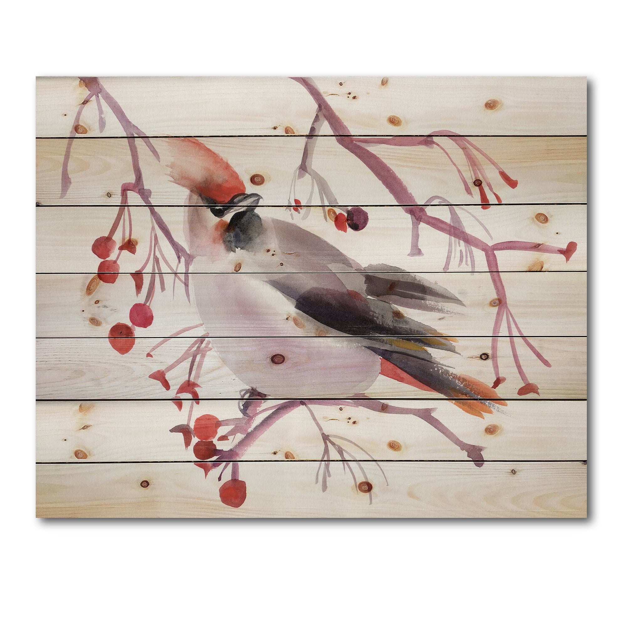 Designart 'Waxwing Bird Sitting On A Branch' Traditional Print on Natural Pine Wood