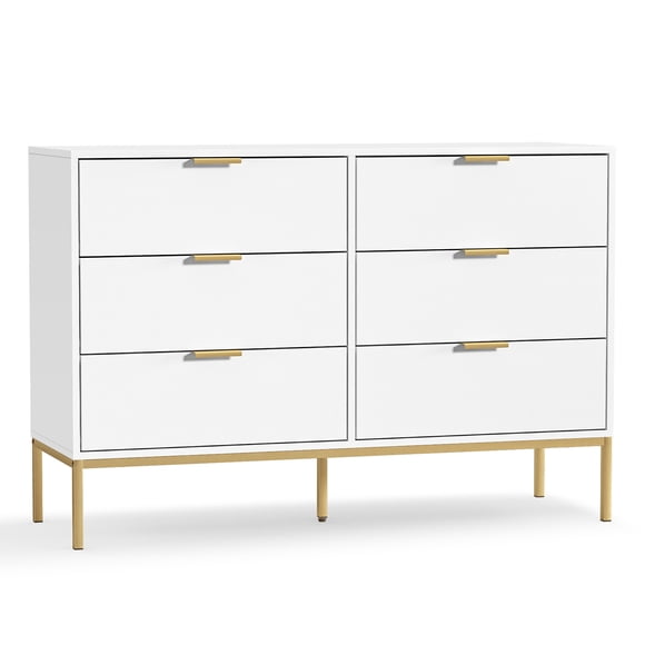 Eumyviv Modern Chest of Drawers with Gold Handles Mid Century Modern 6-Drawer Storage Dresser for Bedroom Living Room, White H0122