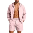 thumbnail image 3 of BiZtdJrK Men's Sun Protection 2 Piece Sets Solid Casual Long Sleeve Hooded Jacket and Beach Shorts Matching Outfits for Outdoor Hiking, Pink, XXXXL, 3 of 10