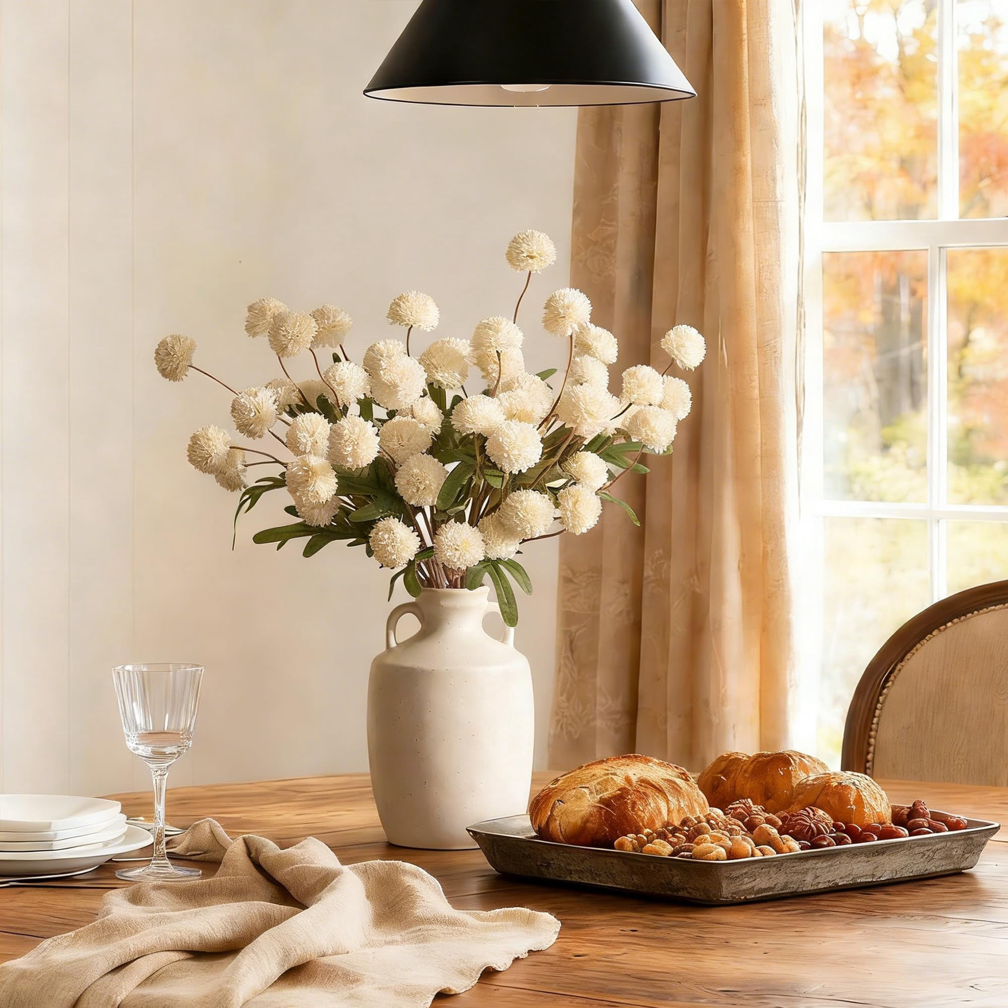 Beige Fake Flowers Long Stem 10PCS, Artificial Flowers Silk Mini Chrysanthemums for Vase, Fake Pompon Mums Vintage Dried Faux Decorative for Home Centerpieces Farmhouse