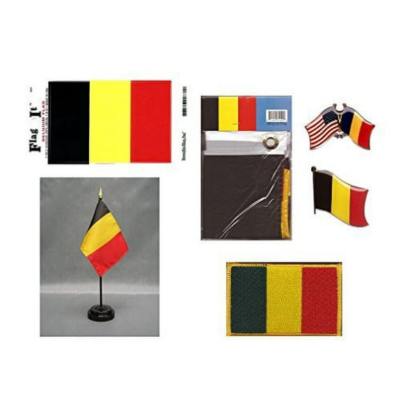 Belgium Heritage Flag Pack - Includes a Belgian 3x5' Flag, Vinyl Flag Decal, One Single & One Double Friendship Flag Lapel Pin, Miniature Desk Flag with Stand & One Iron-On Flag Patch