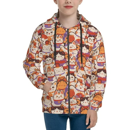 

Hoodies for Women Maneki-Neko Cats Long Sleeve Sweatshirt Drawstring Zip Up Hoodie with Pockets Teen Girl Clothes