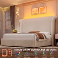 thumbnail image 3 of Hiphuta Modern King Size Corduroy Upholstered Bed Frame, LED Platform Bed Frame with 55"H Vertical Stripe Tufted Corduroy Velvet Wingback Headboard, White, 3 of 10