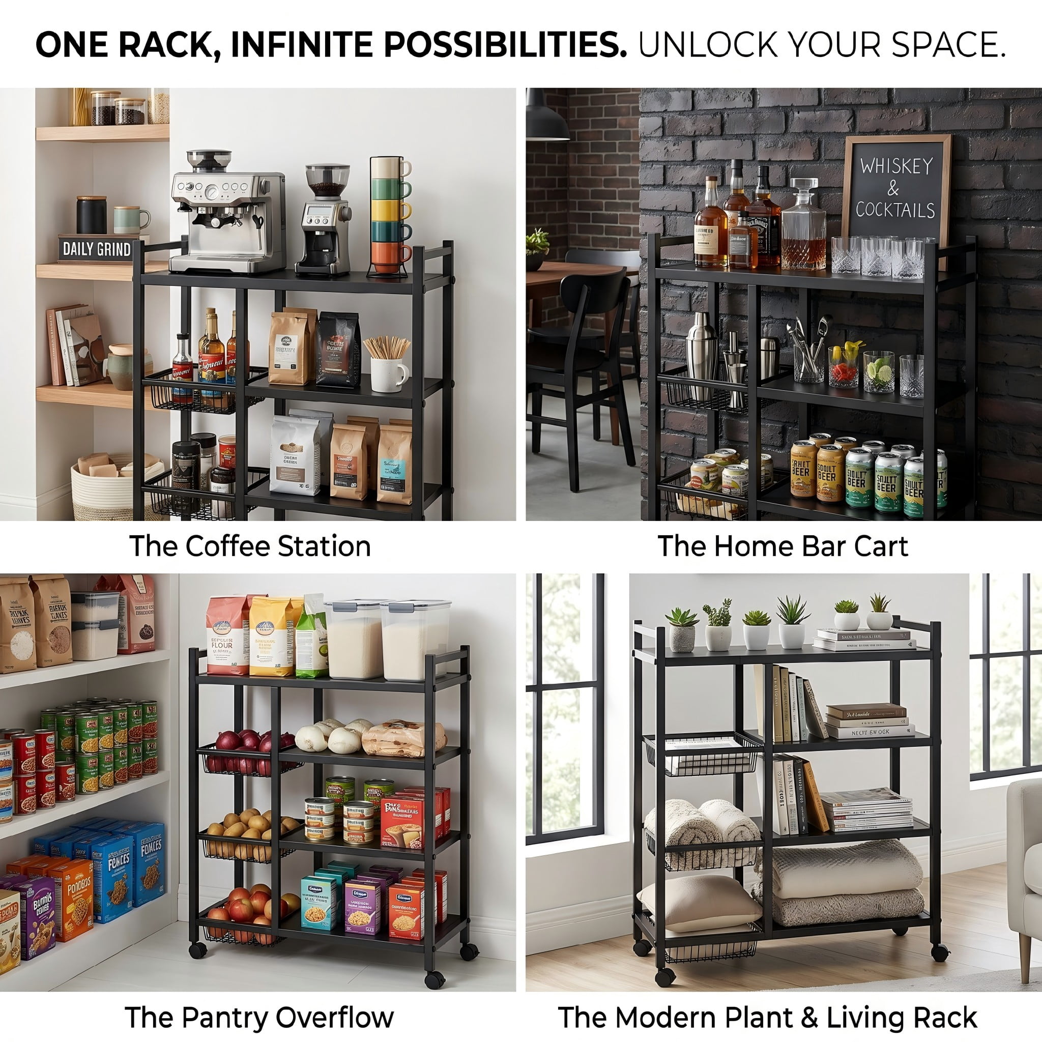 Rolling Kitchen Storage Cart with Shelves and Baskets, Mobile Pantry Organizer for Kitchen, Coffee Station and Small Spaces, Multiple Styles Available