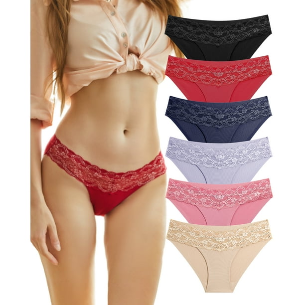 6 Pack Seamless Underwear for Women No Show Bikini Panties Lace