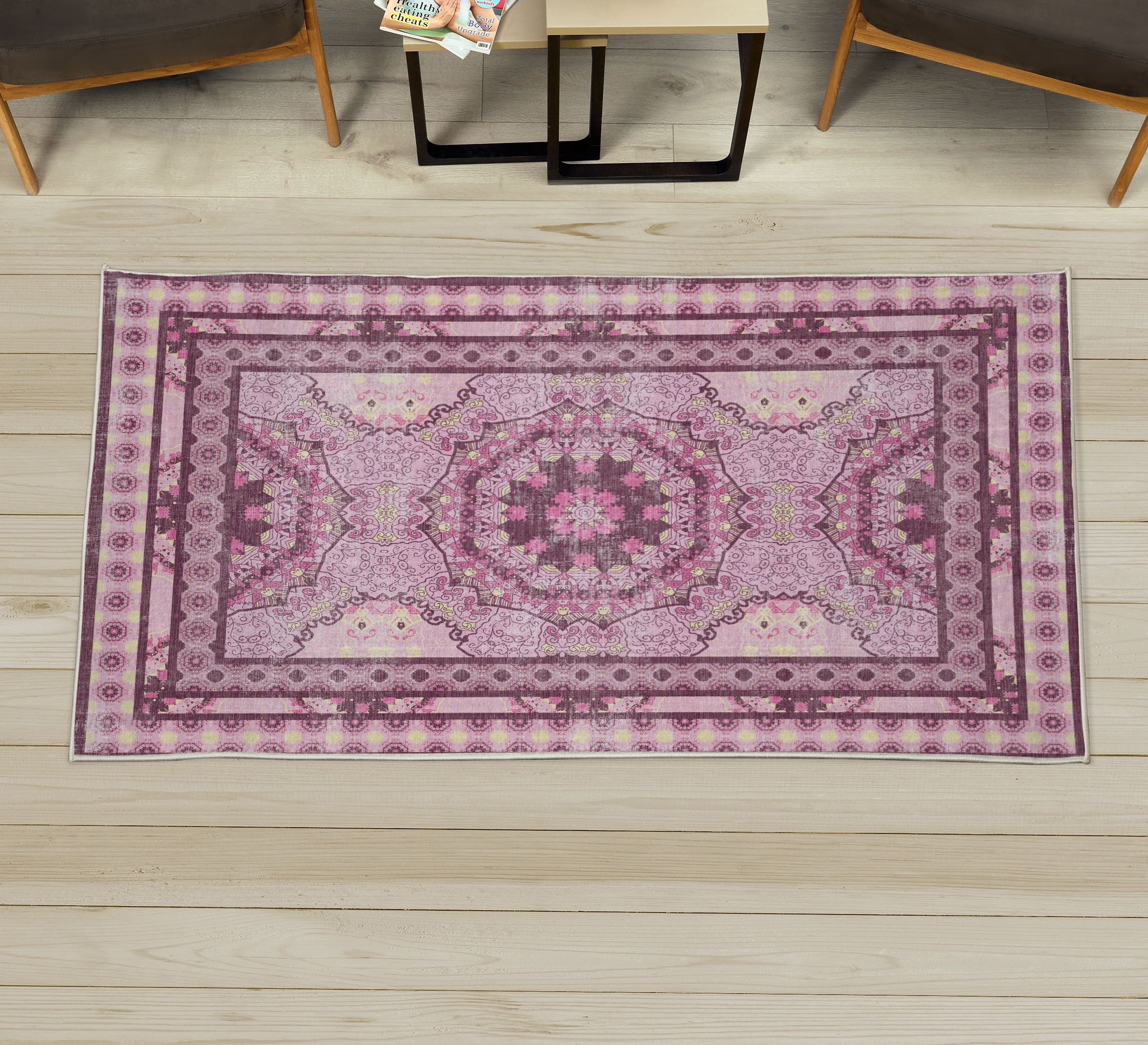 Bohemian Decorative Rug, Rustic Look Symmetric and Geometric Motif