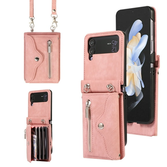 Dteck Crossbody Wallet Case for Samsung Galaxy Z Flip3 5G, RFID Blocking PU Leather Zipper Handbag Purse Flip Cover, Kickstand Folio Case with Card Slots Wrist Strap Lanyard,Rosegold