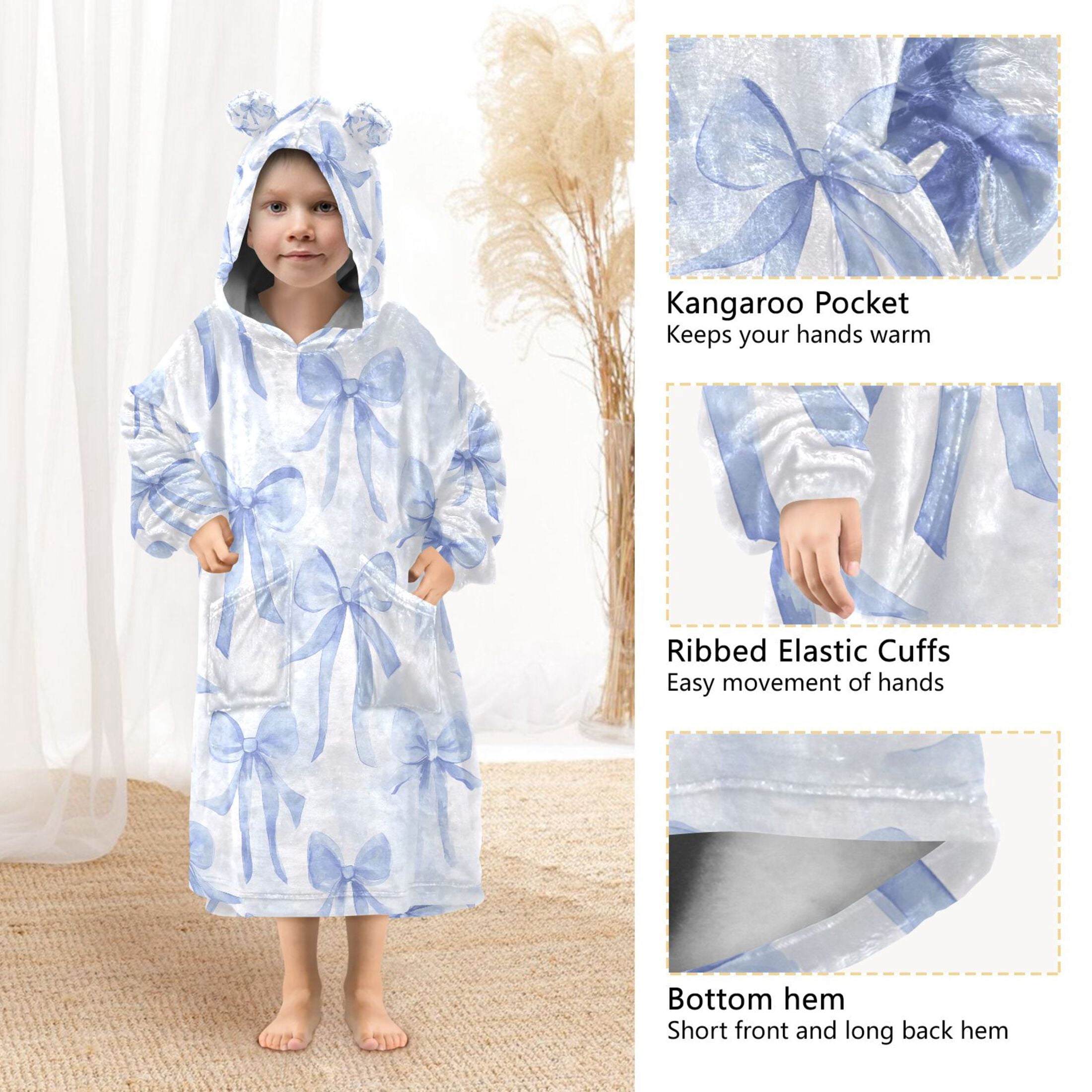 joogoo Wearable Blanket Hoodie for Watercolor Bow Blue Flannel Sherpa Pocket 3-14 YR S