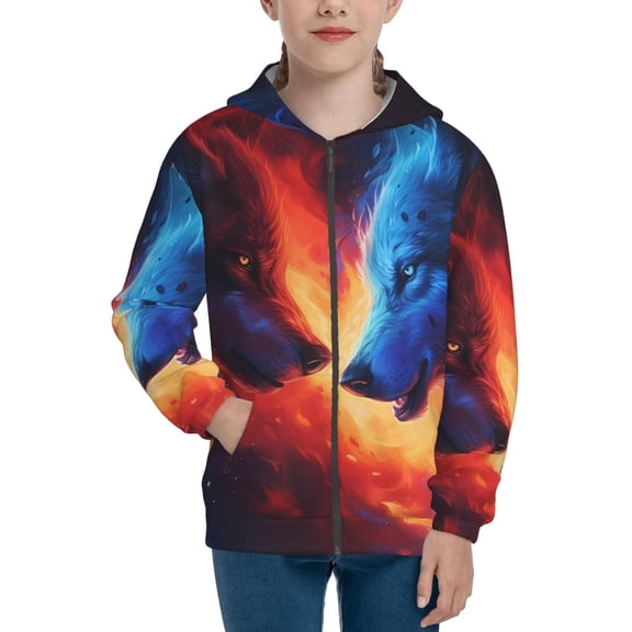 Kdxio Red And Blue Fire Wolf Pattern Kids Boys Girls Zip Up Hoodie 3D Printed Hooded Sweatshirt Hoody Coat with Pocket 7-12 Y-Small