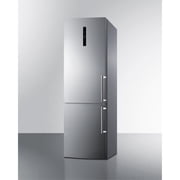 European counter depth bottom freezer refrigerator with stainless steel doors, platinum cabinet, factory installed icemaker, and digital controls for each section
