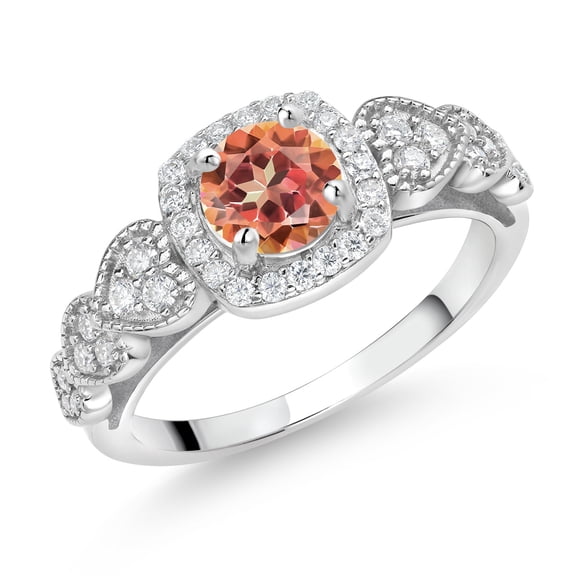 Gem Stone King 925 Sterling Silver Ecstasy Mystic Topaz and White Moissanite Engagement Ring for Women (1.38 Cttw, Round 6MM, Gemstone Birthstone, Size 5)