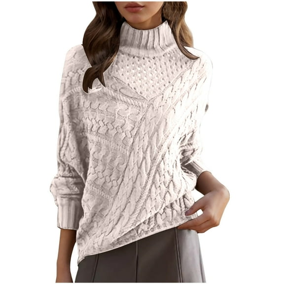 Womens Cable Knit Turtleneck Sweaters Winter Warm Long Sleeve Pullover Casual Tops Chunky Knit Plain Loose Sweater