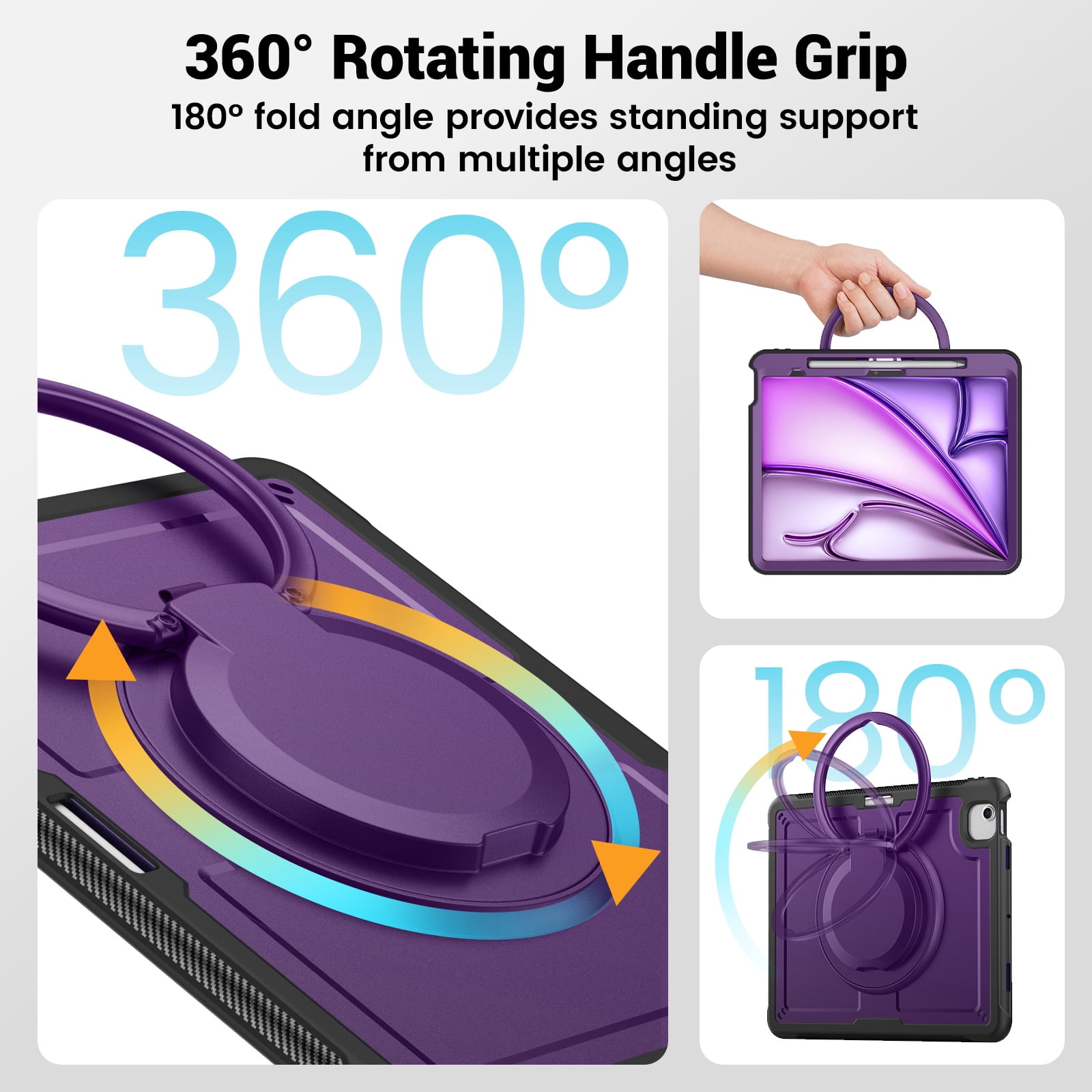 Shockproof Case for Apple iPad Air 13 Inch 2024 M2, Rugged Hybrid Protective Cover with Pencil Holder & Shoulder Strap Kids Friendly Rotating Kickstand Case for iPad Air 13" 2024, Purple