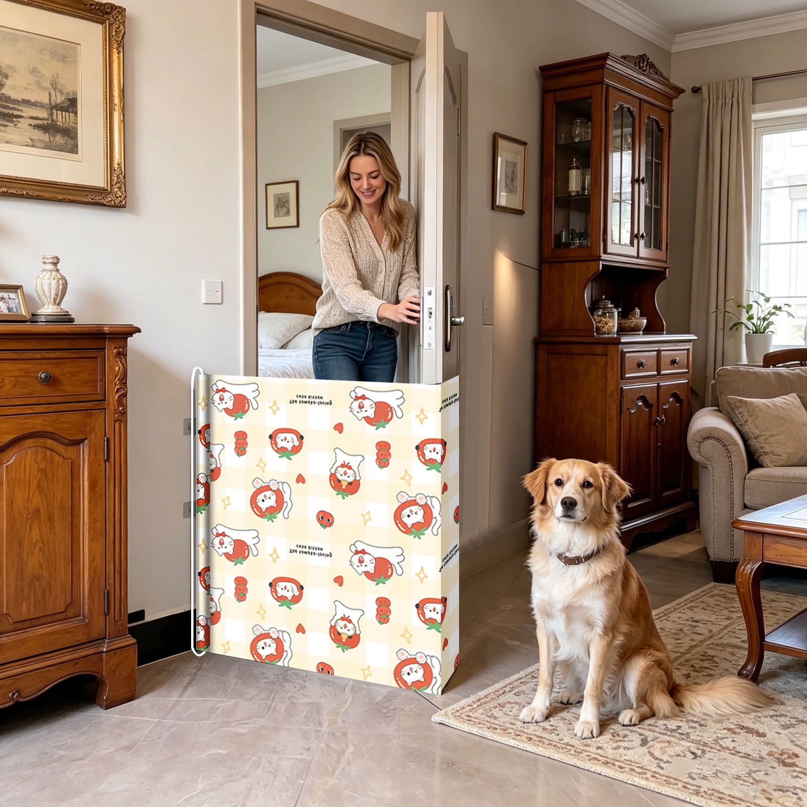 Pet Barrier No Drill Dog Cat Safety Gate Cute Retractable Roll-Up Fence for Small to Medium Pets Doorway Stair