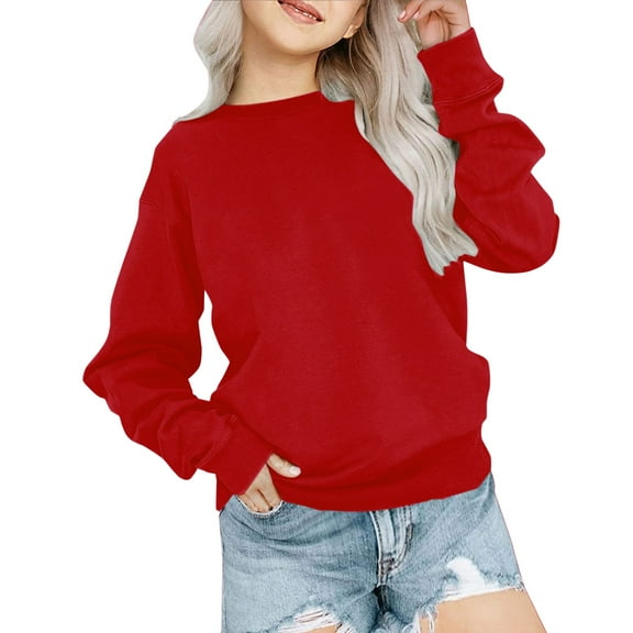 Girls Fleece Sweatshirt Cotton Comfy Soft Pullover Tops Loose Fit Crewneck Long Sleeve Kids Basic Solid Color School Outfits