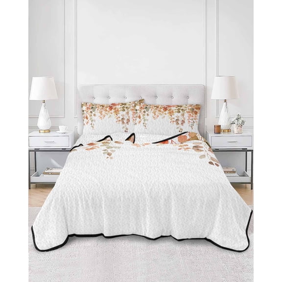 Quilts Full Size, Orange Botanical Soft Comforter Bedding Set for Bed, Watercolor Leaf Fall Thanksgiving Lightweight Quilted Bedspread with Pillow Cover(2 Pieces) for All Season, 78x90 Inch