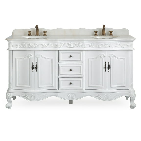 Benton Collection 64" Traditional Antique White Bathroom Vanity with White Marble Top