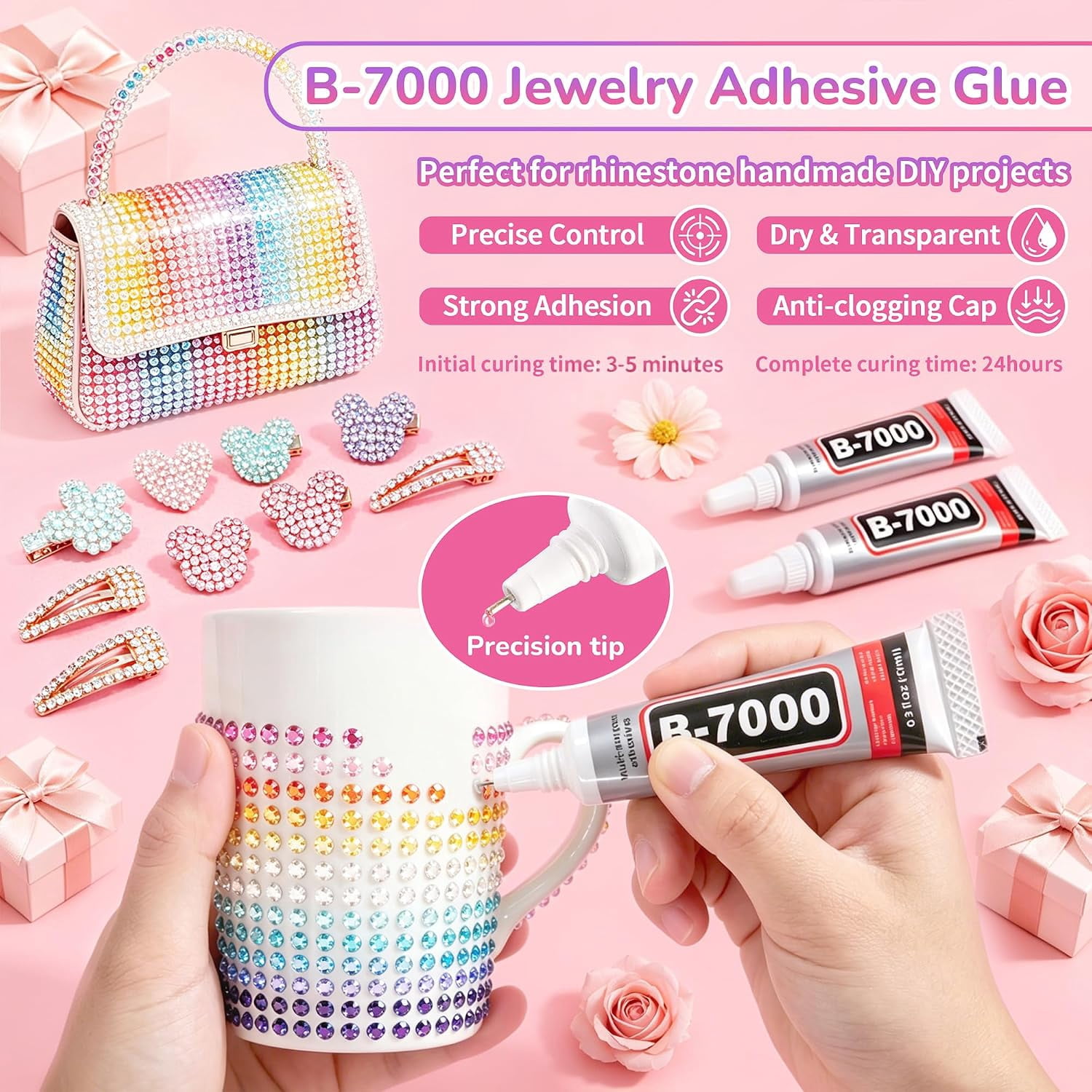 24000Pcs Bedazzling Kit, 24 Colors Bedazzler Kit with Rhinestones | Complete Bedazzle Kit with 3mm Vibrant Sparkling Flatback Gems, B7000 Jewelry Glue & Tools for Crafts, Nails, Teens & Adults