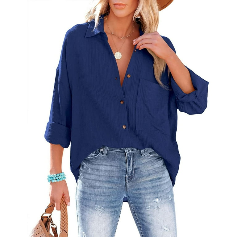 RYRJJ Womens Cotton Button Down Shirt Oversized Casual Long Sleeve Loose  Fit Collared Linen Work Blouse Tops with Pocket(Dark Blue,XL)