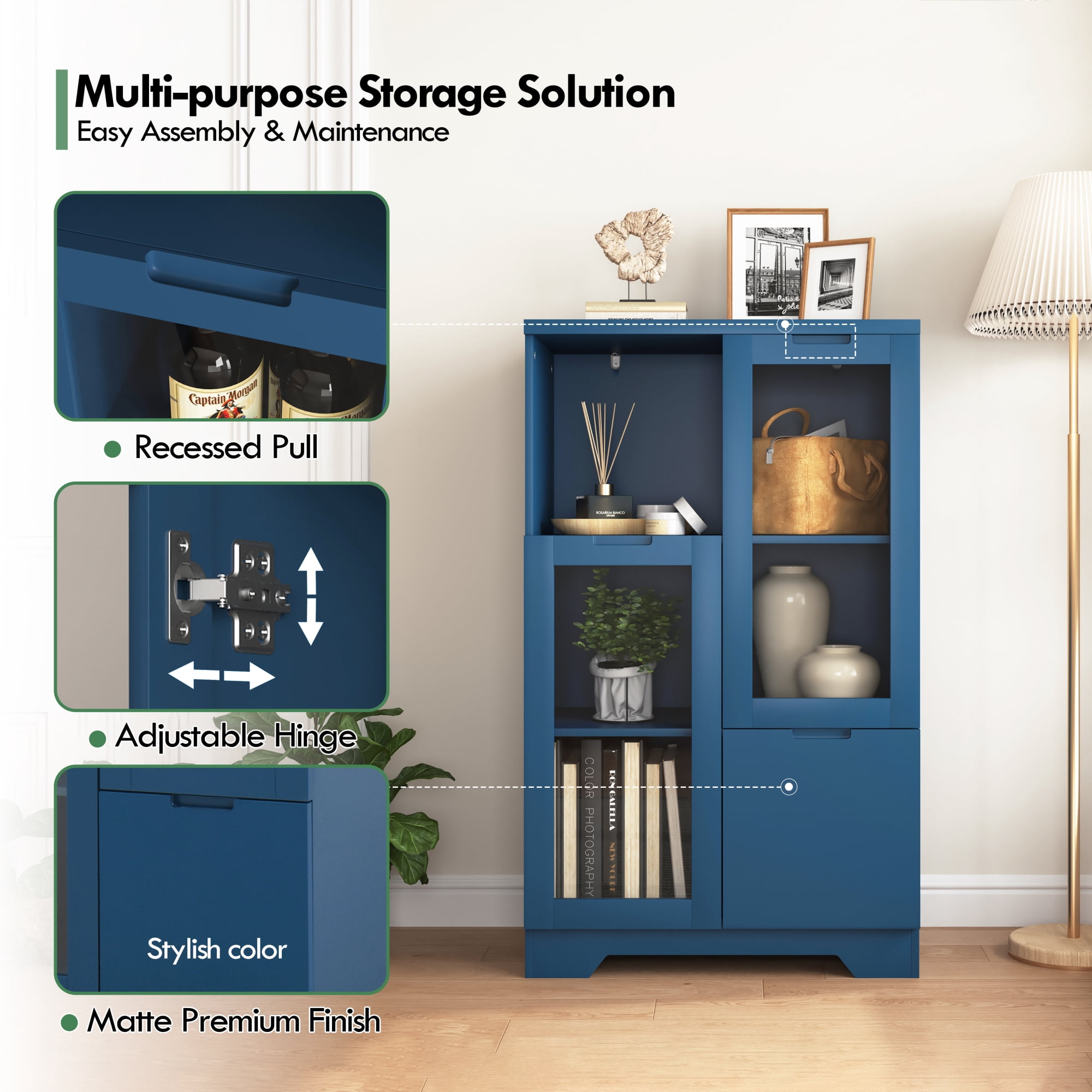 Leumius Sideboard Cabinet with Storage,Buffet Cabinet with Glass Doors & Drawer,Open Storage Cabinet for Living room,Blue