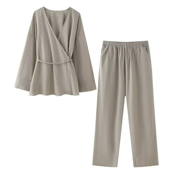 Office Outfits Set 2024 Women's Linen Lace up Shirt Pants Set Loose V-Neck Long Sleeve Blouses Wide Leg Pant Vintage 2 Piece Sets Suit Sets 2 Piece Outfits S-73 Coffee L