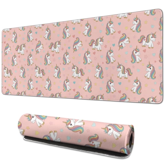 Long Mouse Pads for Desk,Pink Cartoon Unicorn Heart Star Pattern Desk Mats on Top Of Desks, Desk Mouse Pad Extra Large with 3mm Non-Slip Base and Stitched Edge for Gaming,Office,Work,Home 31.5"x11.8"