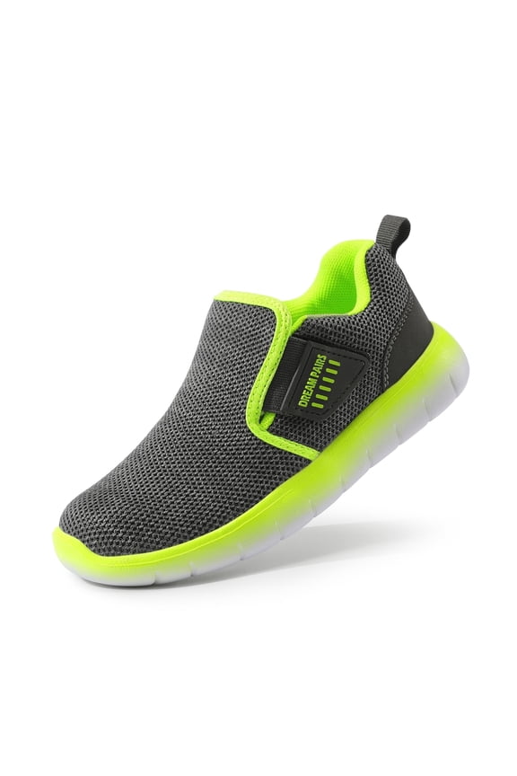 Kids Boys & Girl Lightweight Running Shoes, Breathable Athletic Slip On Casual Walking Sneakers Shoes Grey/Neon Size 1 Little Kid