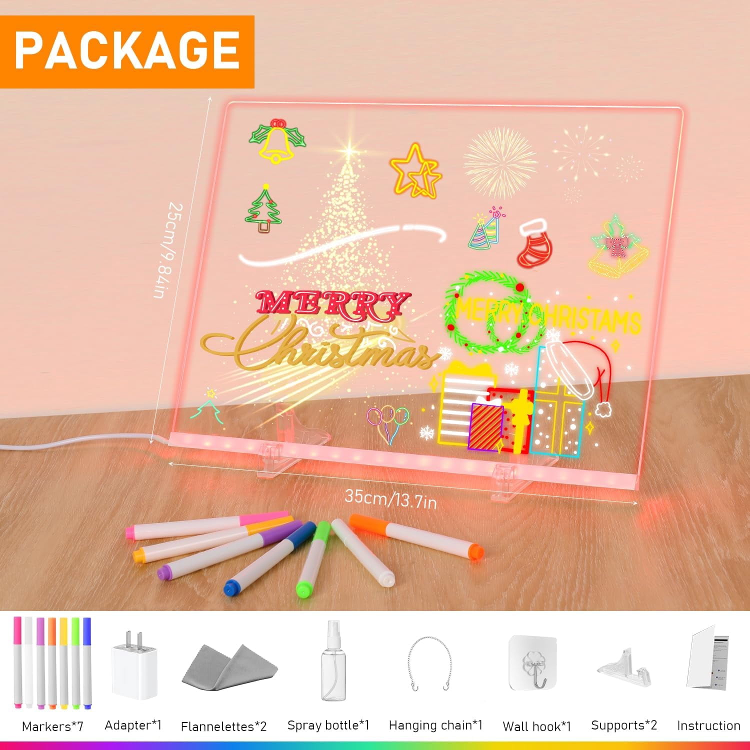 Acrylic LED Message Board, 13.8x10 Inch Light Up Drawing Board with 7 Colors & 4 Modes, Rewritable Dry Erase Board for Home Office School Use