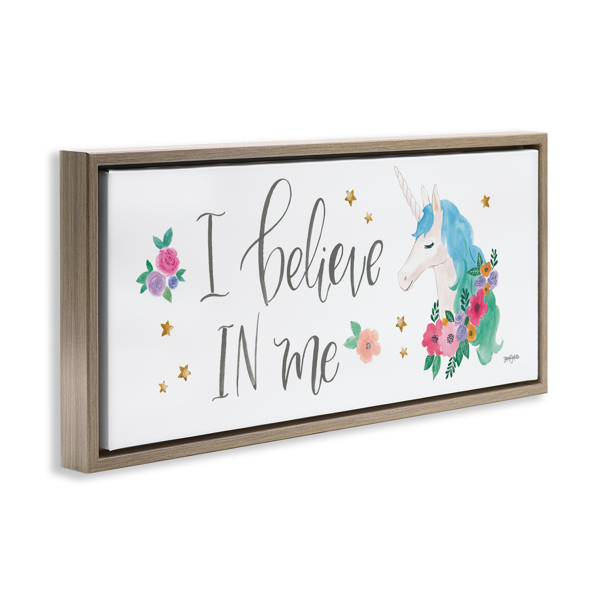 Stupell Industries Believe In Me Blue Unicorn Art for Kids Painting Brown Floater Framed Canvas Art Print Wall Art, 25 x 11