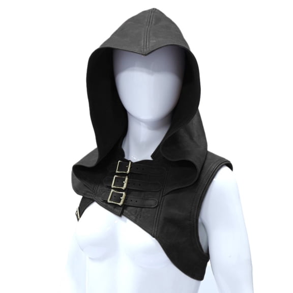 JIANLAI Medieval Renaissance Hooded Cowl Vest Faux Leather Shoulder Armor Costume Accessory Adjustable Buckle Hood for Halloween Viking Knight Warrior for Men Women
