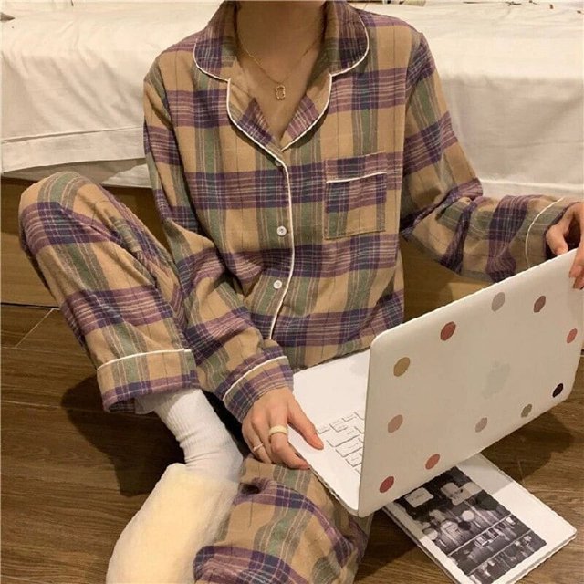 Pijamas navideños a cuadros para mujer, ropa de dormir coreana, Pijamas de otoño, ropa bonita, Conjuntos de pantalones de 2 piezas, ropa de descanso, traje de Pj
