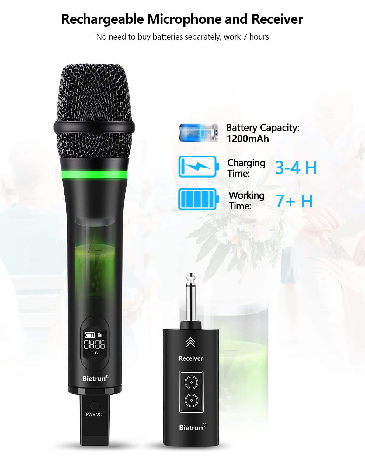 Bietrun Wireless Microphone Rechargeable, 168FT Range Bluetooth Microphone Wireless (Work 7 hrs) with 1/4'' Output, UHF Metal Handheld Dynamic Mic for Karaoke Machine/PA System/Speaker/Church/Wedding