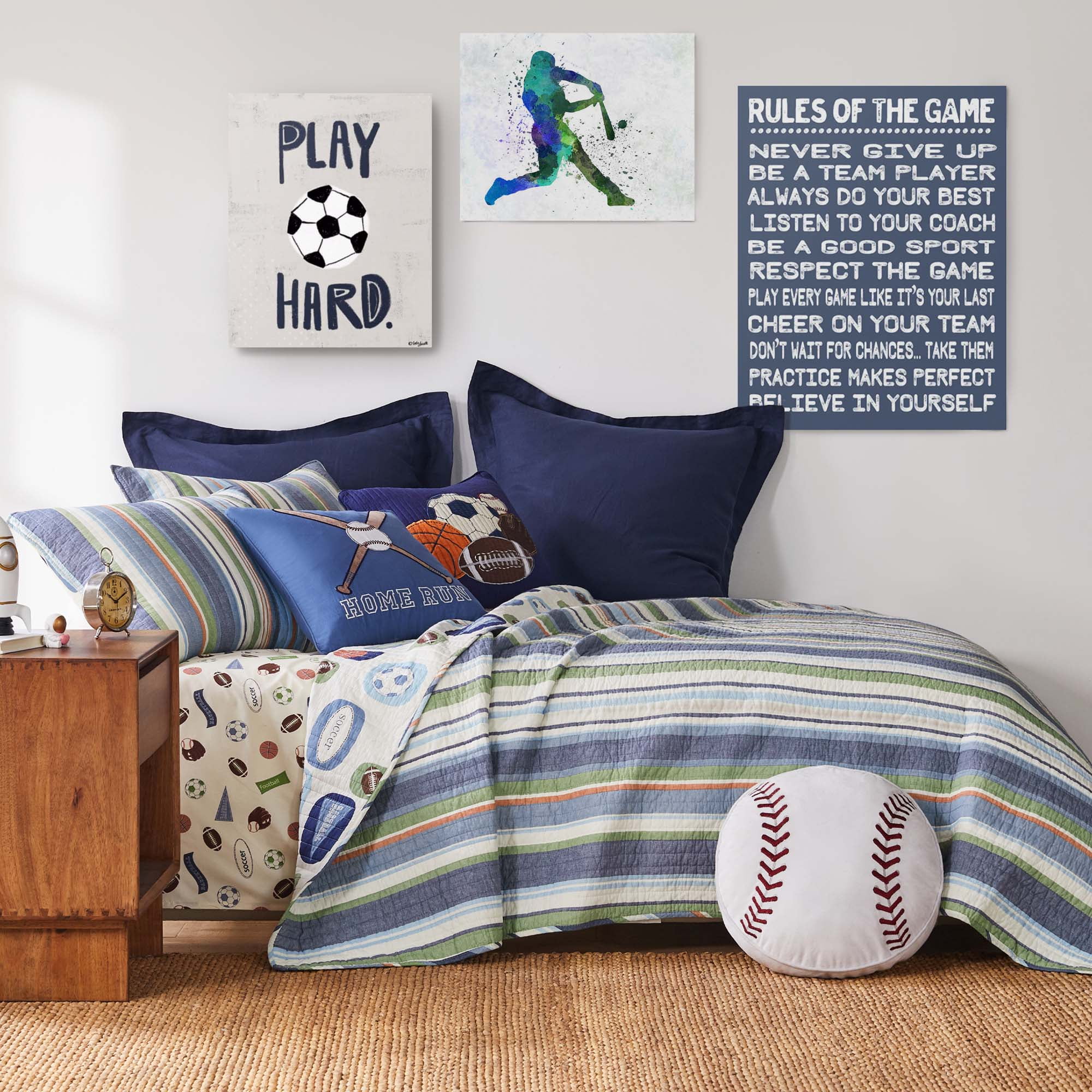 Levtex Home - MVP Quilt Set - Full/Queen Quilt and Two Standard Shams - Striped - Blue, Green, White and Orange - Quilt (86x86in.) and Shams (20x26in.) - Reversible - Cotton