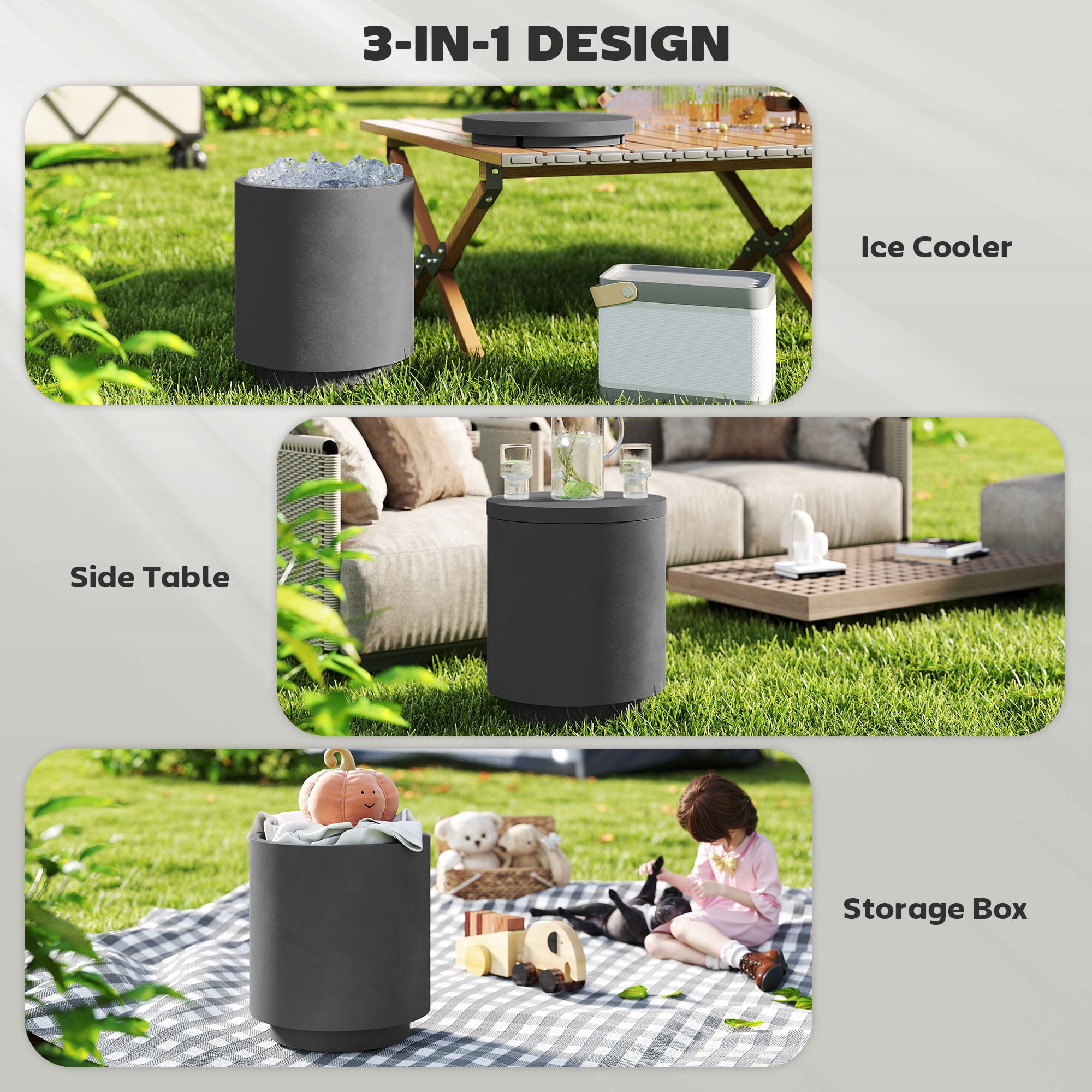 2.6 Gal Outdoor Cooler Side Table, 3 in 1 Cool Bar Table with Storage, Removable Ice Bucket and Lid, Concrete Patio Table, Charcoal Gray