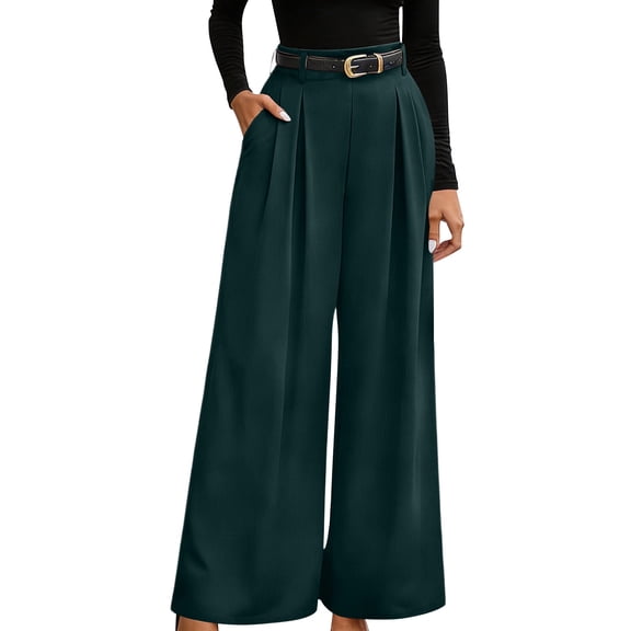 Edvintorg Work Pants Women High Waisted Pleated Wide Leg Dress Trousers with Pockets Women Business Pants Green S