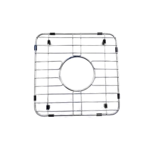 American Imaginations 14.5-in. W Kitchen Sink Grid AI-34740, a rectangular stainless steel grid with chrome finish and central circular cutout, designed for drop-in installation with black protective bumpers, suitable for protecting kitchen sinks and organizing dishes.